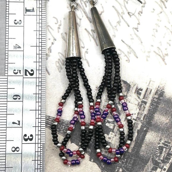 Long Vintage Artist Beaded Silver Black Purple Chandelier Boho Earrings - Picture 2 of 5